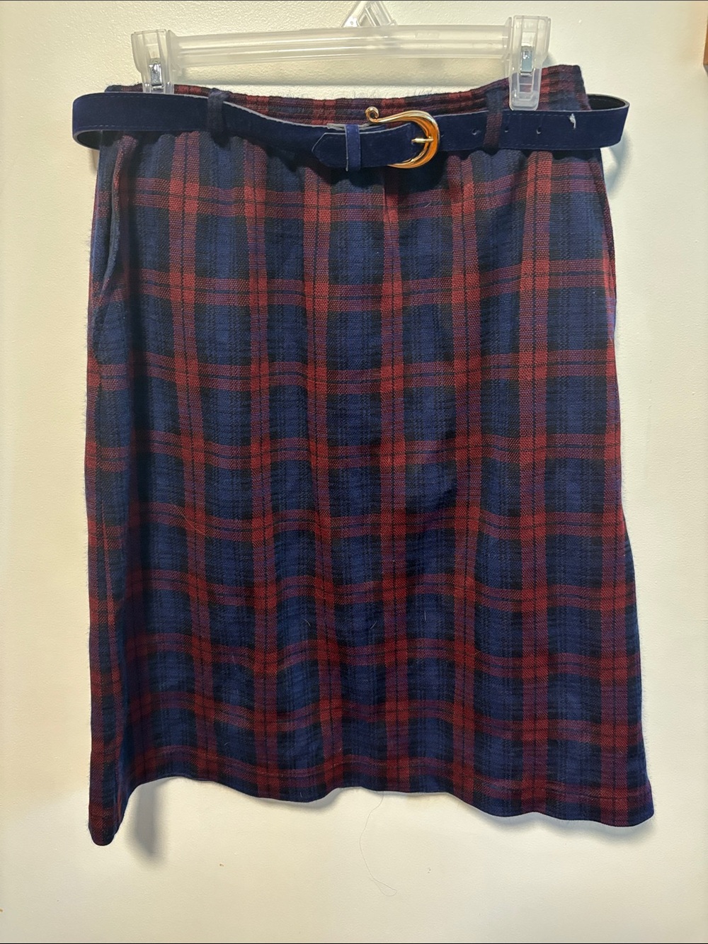 Vintage Plaid Midi Skirt in Navy and Red with Matching Belt